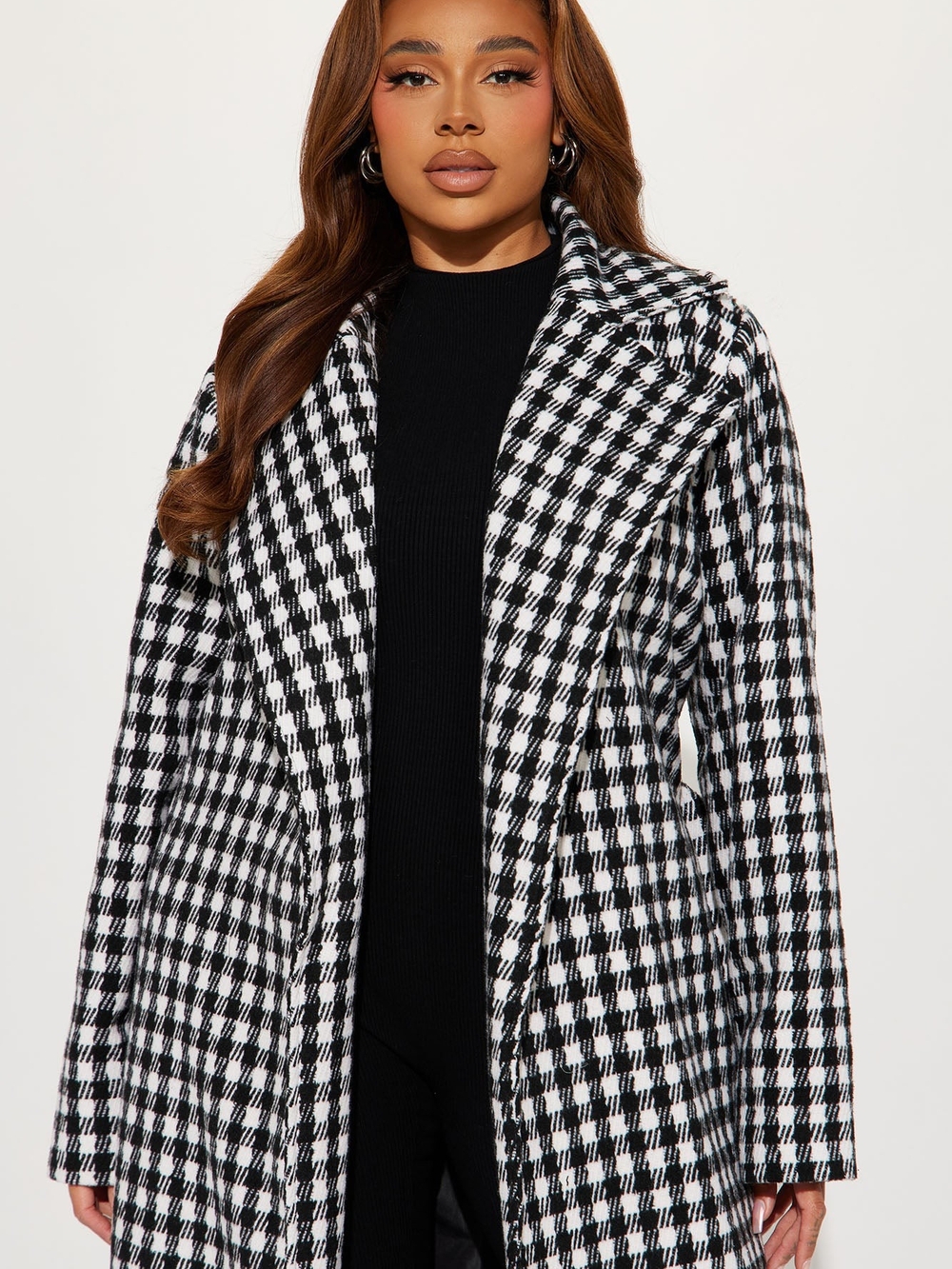 Houndstooth Long Coat - Black & White Women's Jacket